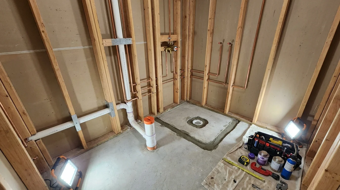 Bathroom rough-in plumbing during remodel by Johns Plumbing LLC in Walden