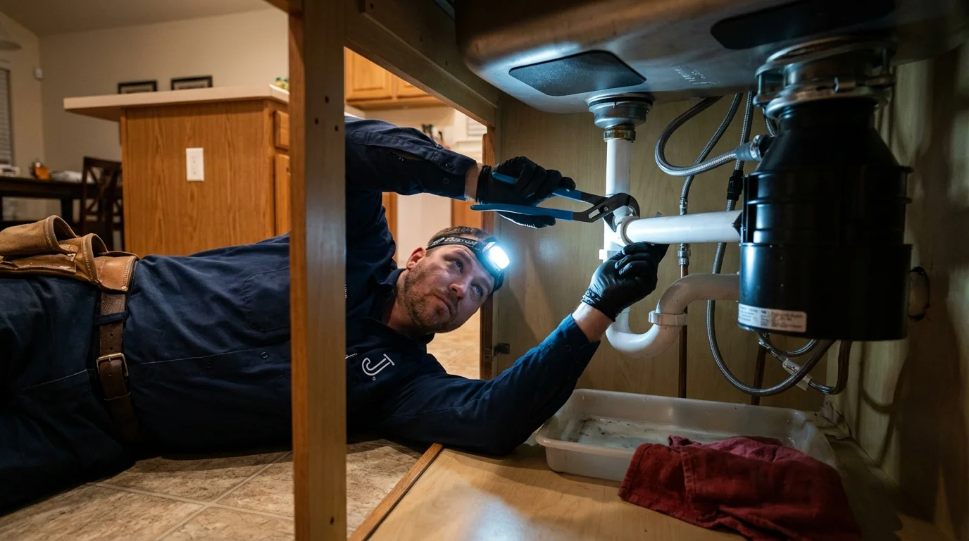 P-trap and supply line connections under a kitchen sink showing a common leak point in Walden, NY